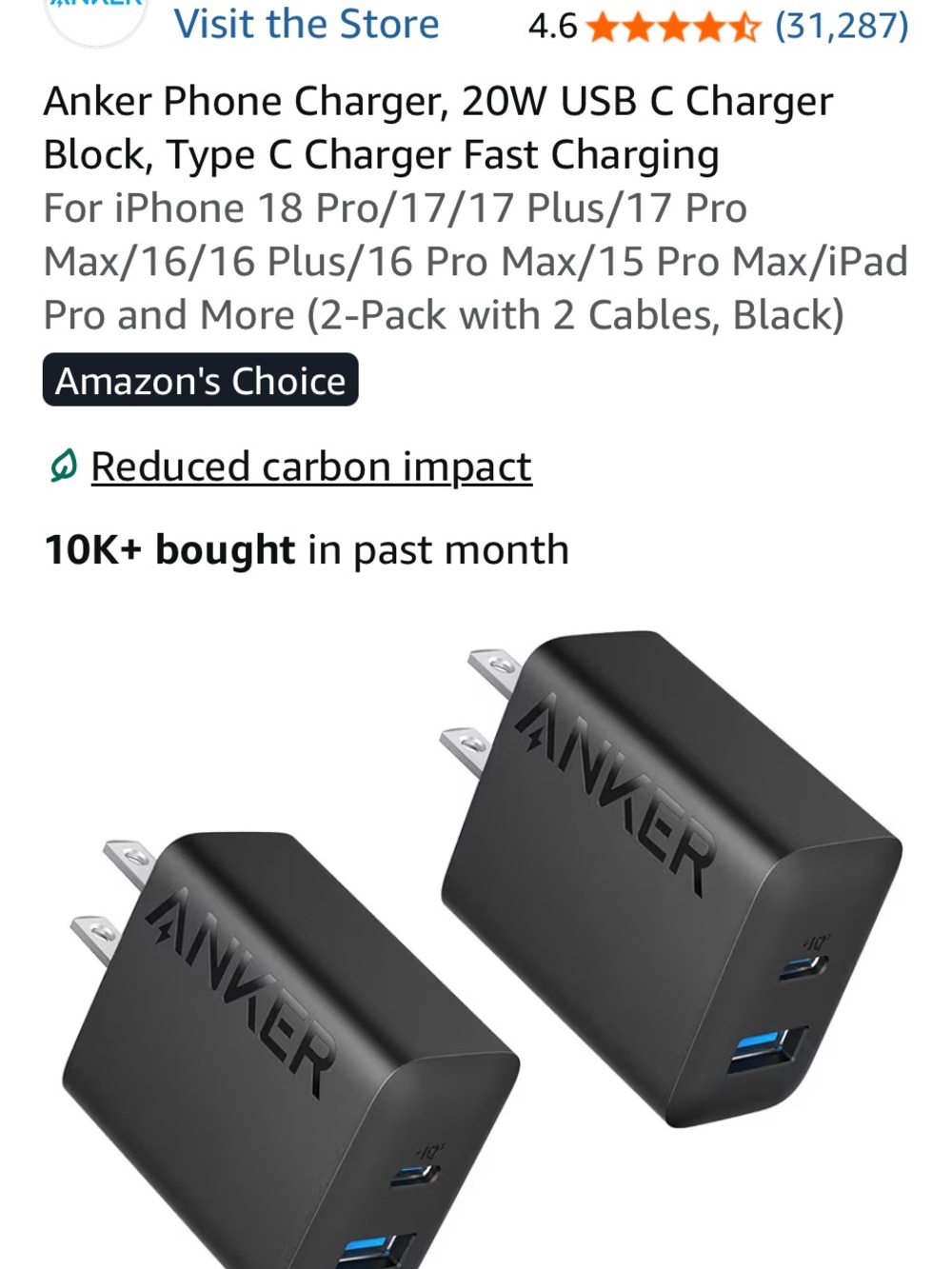 Anker Dual-Port 20W USB-C Fast Charger Block - Black (2-Pack)